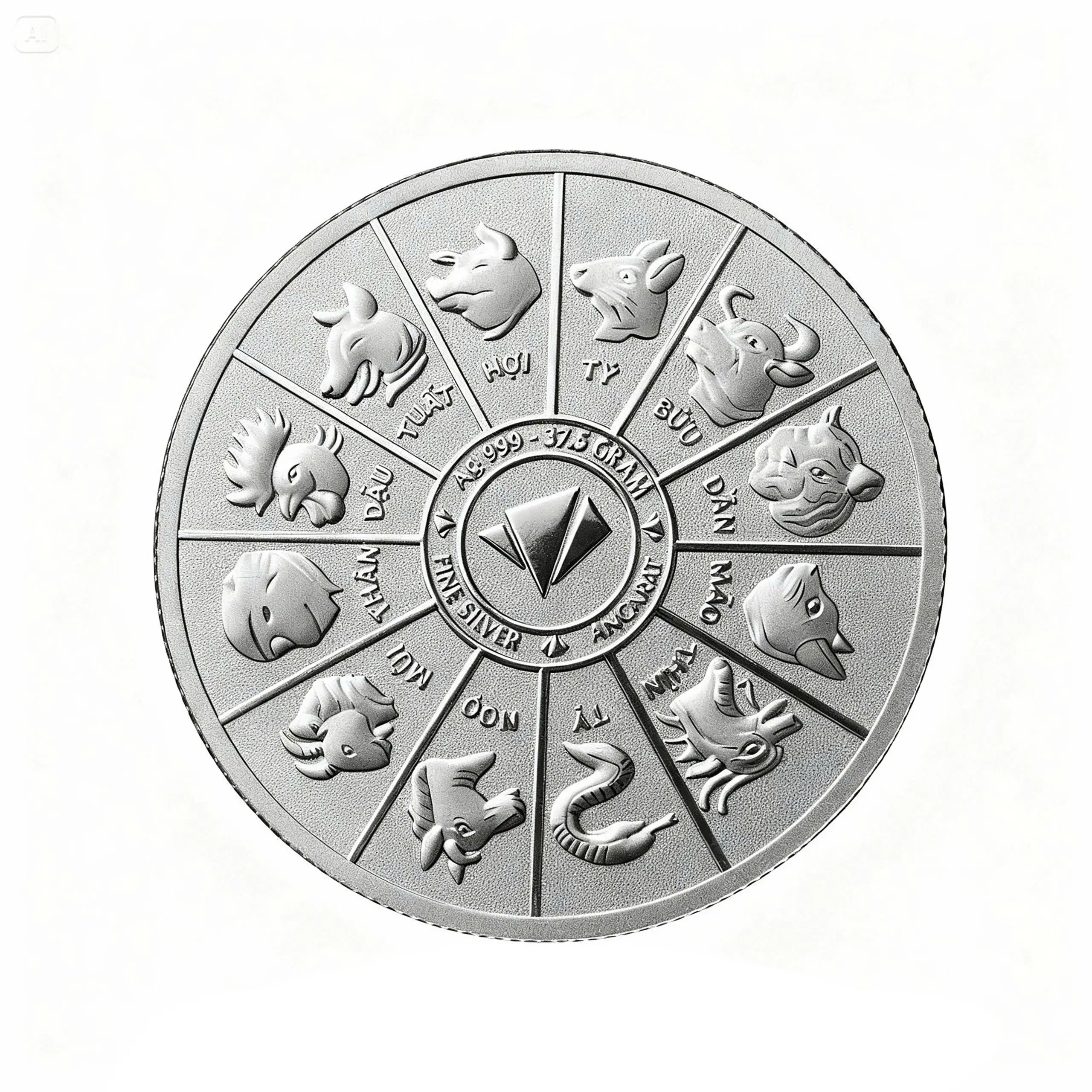 Mặt sau độc đáo với đầy đủ 12 con giáp vây quanh logo Ancarat. Thiết kế này giúp Song Mã Hưng Thịnh mang hàm ý may mắn trọn vẹn và hòa hợp