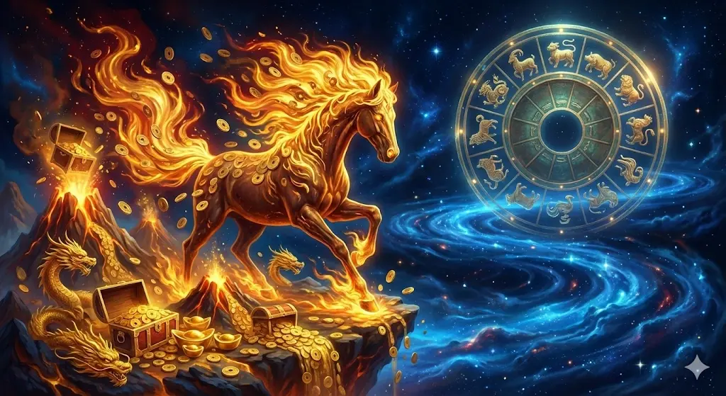 Bức tranh toàn cảnh tử vi tài lộc 12 con giáp năm Bính Ngọ 2026 với biểu tượng Ngựa Lửa phi nước đại trên dòng Thiên Hà Thủy