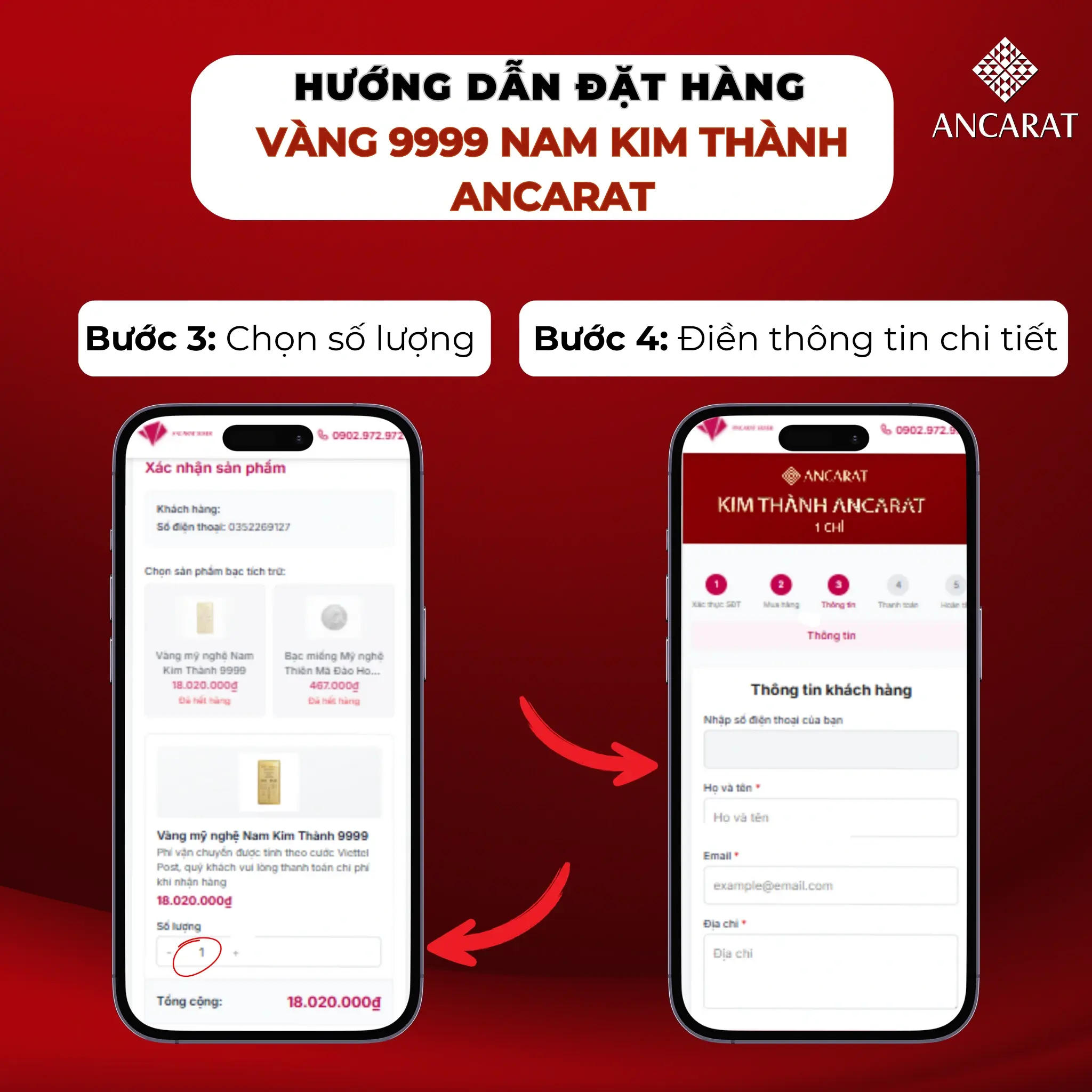 Bước 3 & 4: Chọn số lượng vàng Nam Kim Thành 1 chỉ và điền đầy đủ thông tin nhận hàng. Bước 3 & 4: Chọn số lượng vàng Nam Kim Thành 1 chỉ và điền đầy đủ thông tin nhận hàng.