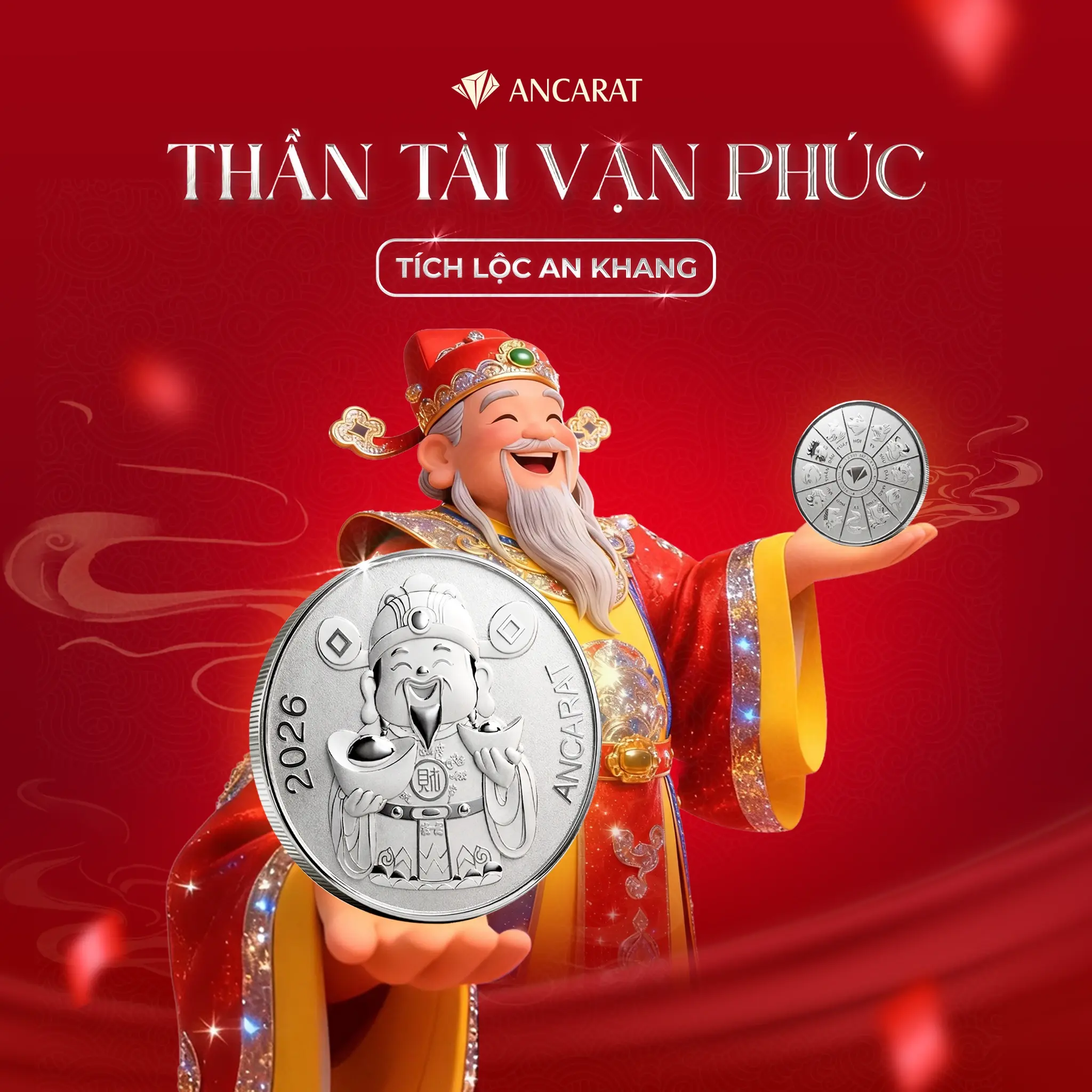 Cận cảnh Thần Tài Vạn Phúc chế tác từ bạc 999 nguyên chất của bạc Ancarat. Hình tượng ông Thần Tài với nụ cười viên mãn không chỉ giúp thanh lọc khí trường mà còn là biểu tượng của sự ổn định. Cận cảnh Thần Tài Vạn Phúc chế tác từ bạc 999 nguyên chất của bạc Ancarat. Hình tượng ông Thần Tài với nụ cười viên mãn không chỉ giúp thanh lọc khí trường mà còn là biểu tượng của sự ổn định.