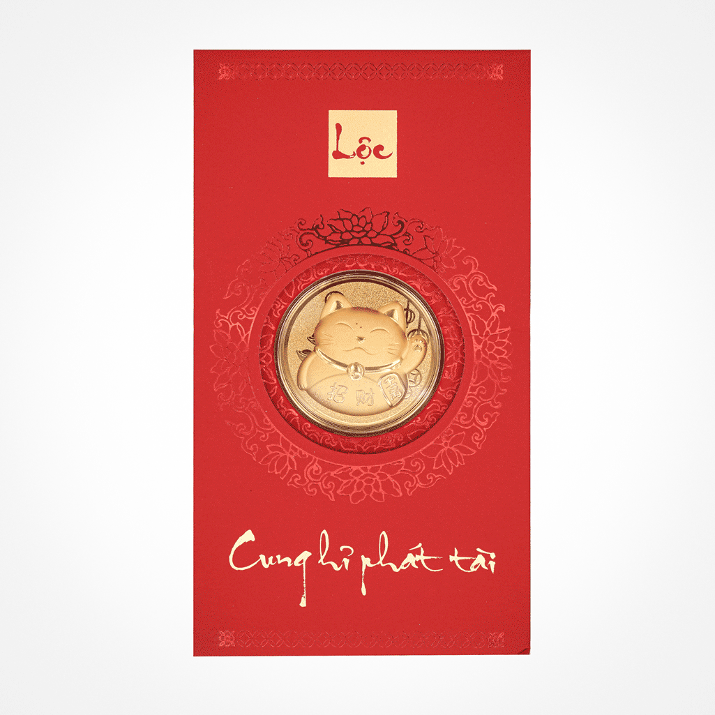 [AG9992.Q013.01A] Bao Lì Xì Vàng 24K Mèo Chiêu Tài .9999